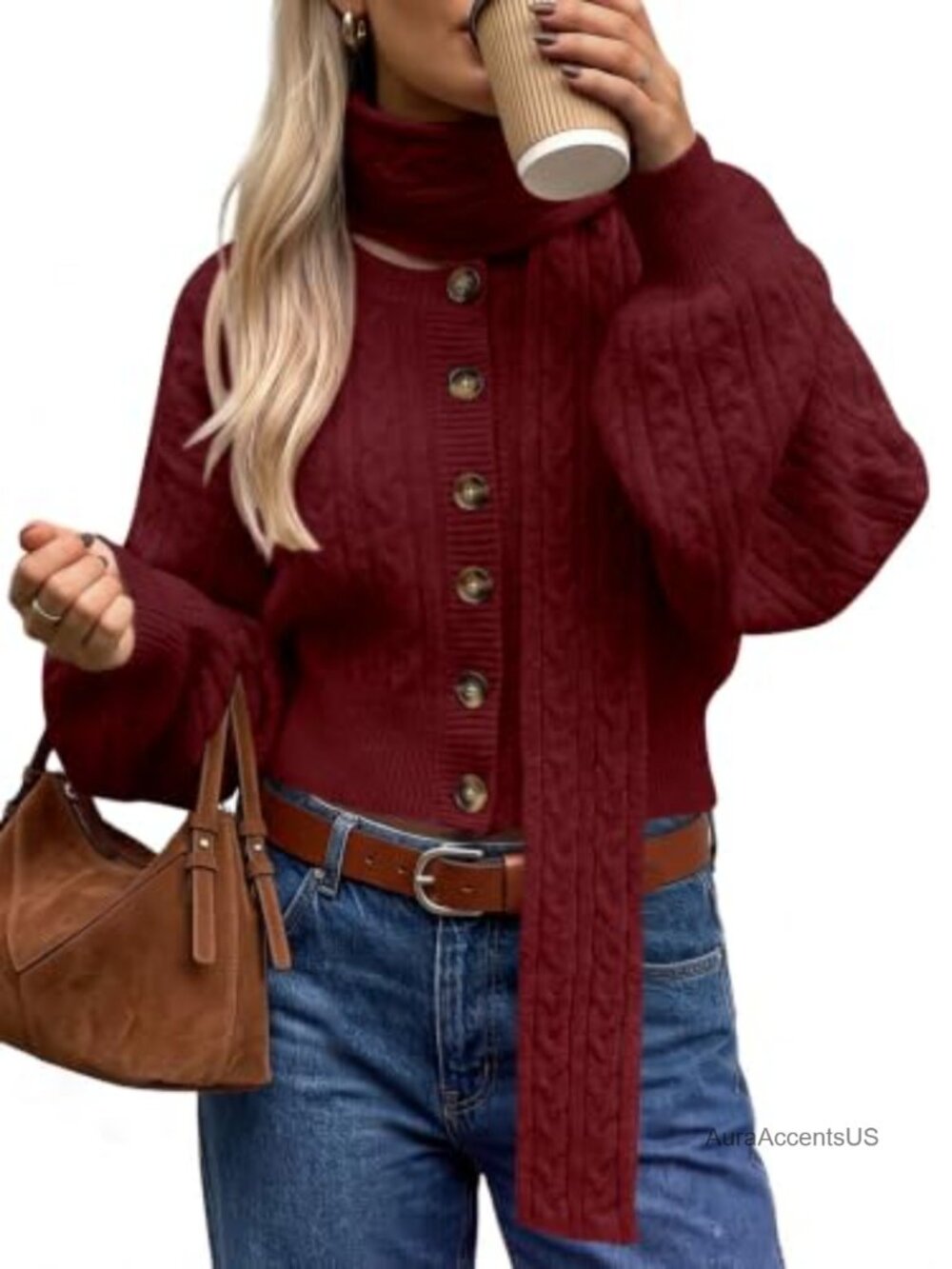 Women's Cable Knit Button Up Cropped Cardigan Sweater with Scarf